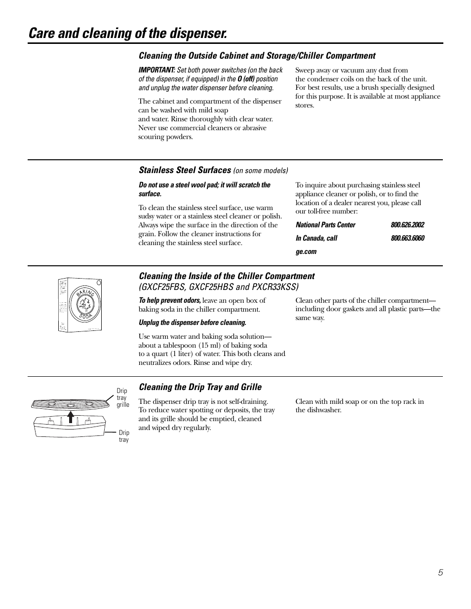 Care and cleaning, Care and cleaning of the dispenser | GE GXCF25FBS User Manual | Page 5 / 28