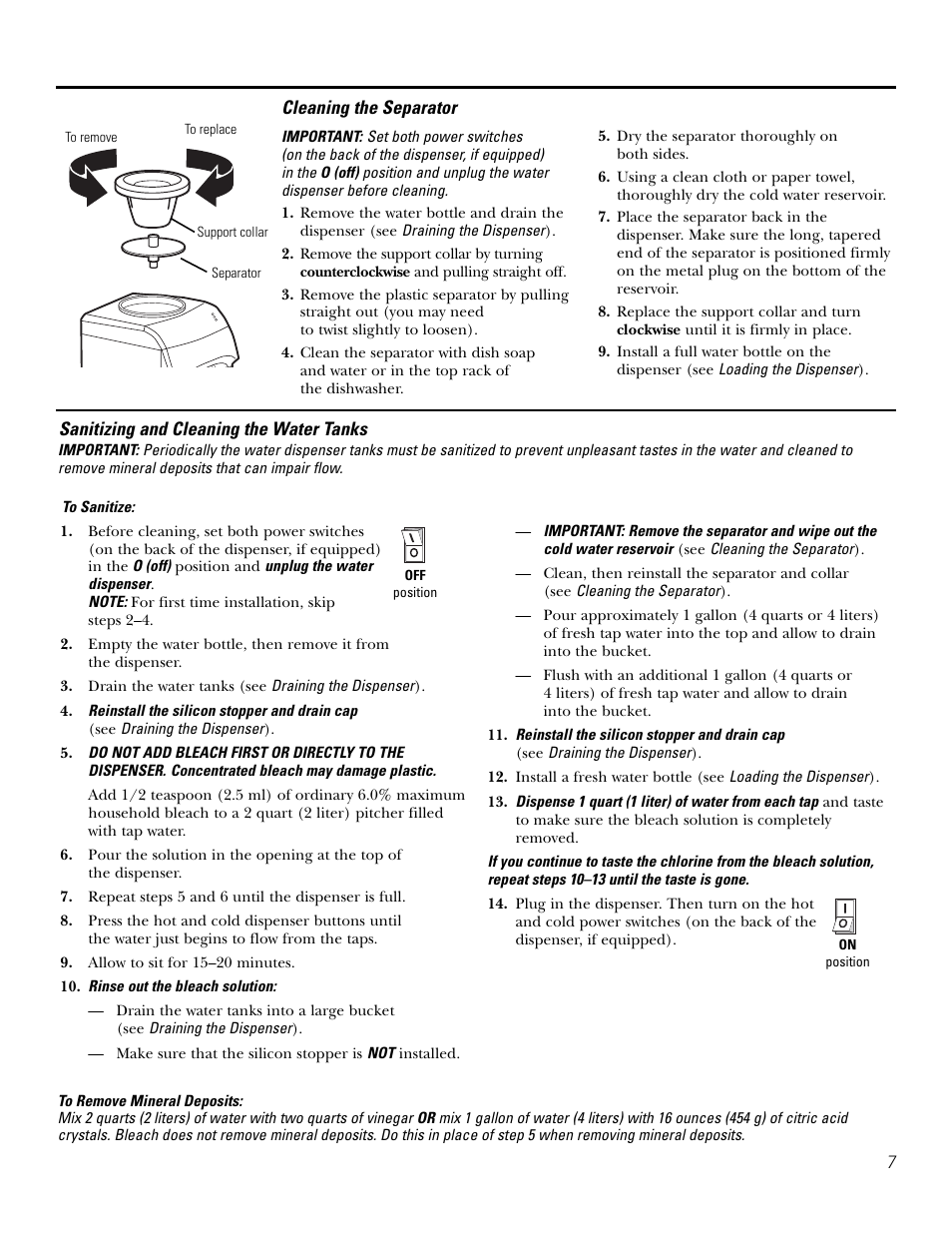 Sanitizing and cleaning the water tanks, Cleaning the separator | GE GXCF25FBS User Manual | Page 7 / 28