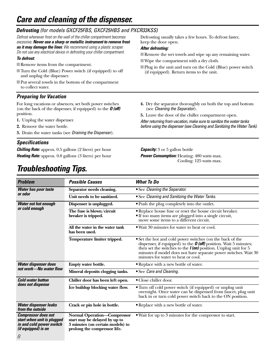 Specifications, Troubleshooting tips, Care and cleaning of the dispenser | GE GXCF25FBS User Manual | Page 8 / 28