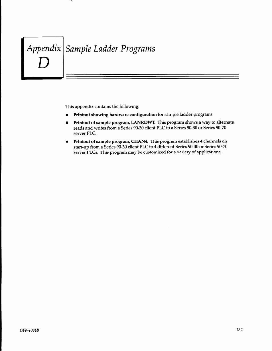 Appendix d sample ladder programs | GE 90-30 PLC User Manual | Page 106 / 147
