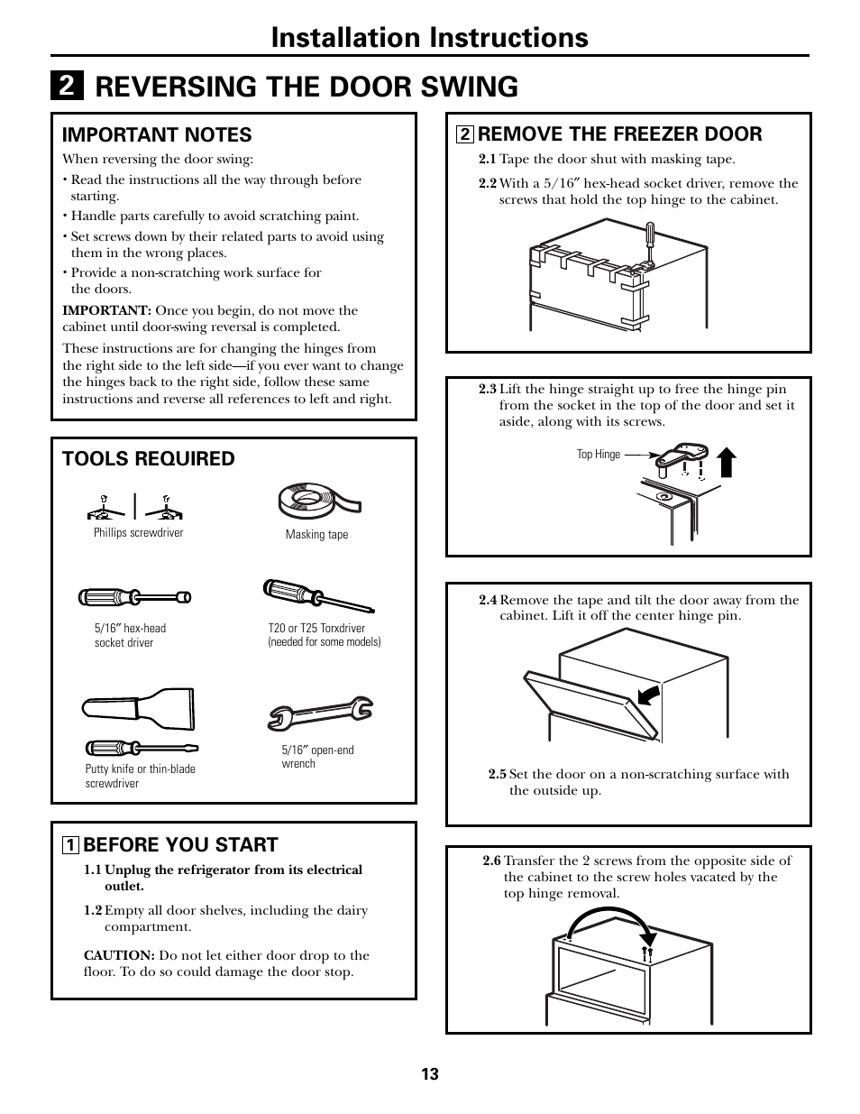 Reversing the door swing, Reversing the door swing –16, Tools required | Remove the freezer door, Before you start | GE 18 User Manual | Page 13 / 24