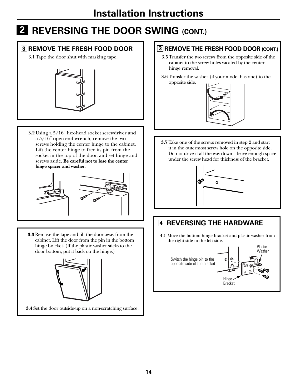 Installation instructions, Reversing the door swing, Reversing the hardware | Cont.) | GE 18 User Manual | Page 14 / 24