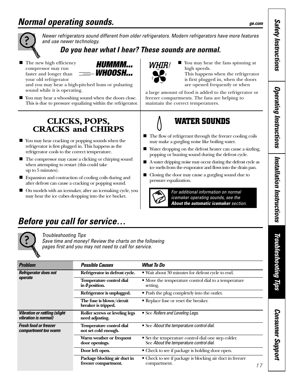 Before you call for service, Normal operating sounds, Clicks, pops, cracks and chirps | Water sounds, Hummm... whoosh, Do you hear what i hear? these sounds are normal | GE 18 User Manual | Page 17 / 24