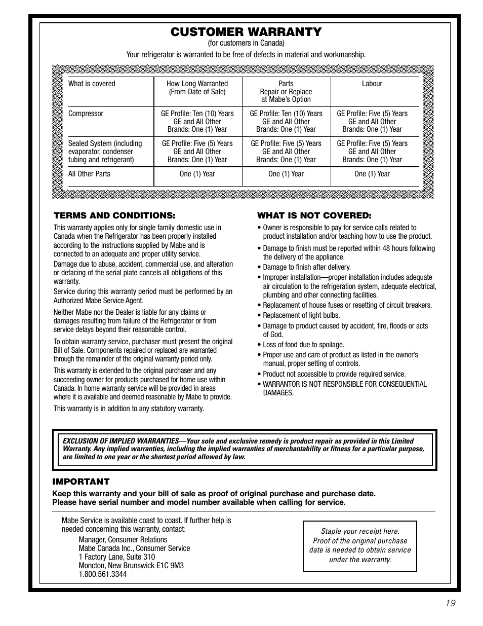 Warranty forcanadian customers, Warranty for canadian customers, Customer warranty | GE 18 User Manual | Page 19 / 24