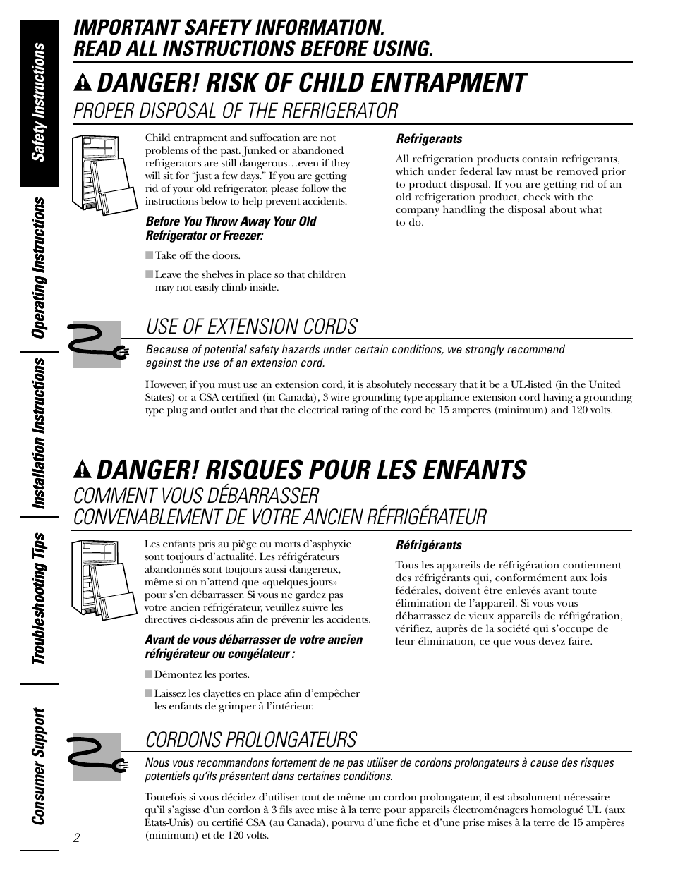 Safety instructions, Danger! risques pour les enfants, Danger! risk of child entrapment | Proper disposal of the refrigerator, Cordons prolongateurs, Use of extension cords | GE 18 User Manual | Page 2 / 24