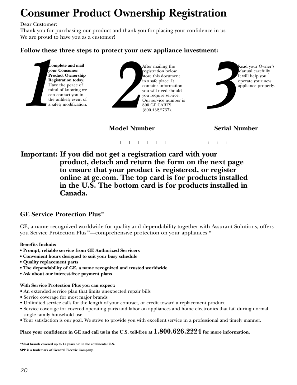 Product registration (u.s.), Product registration (u.s.) . 20–22, Consumer product ownership registration | GE 18 User Manual | Page 20 / 24