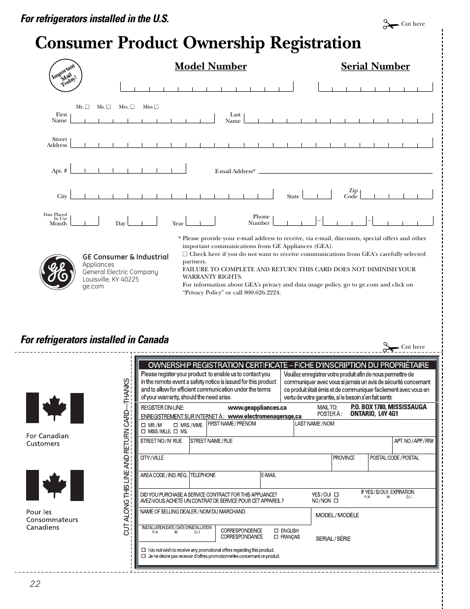 Consumer product ownership registration, For refrigerators installed in the u.s, For refrigerators installed in canada | Model number serial number | GE 18 User Manual | Page 22 / 24