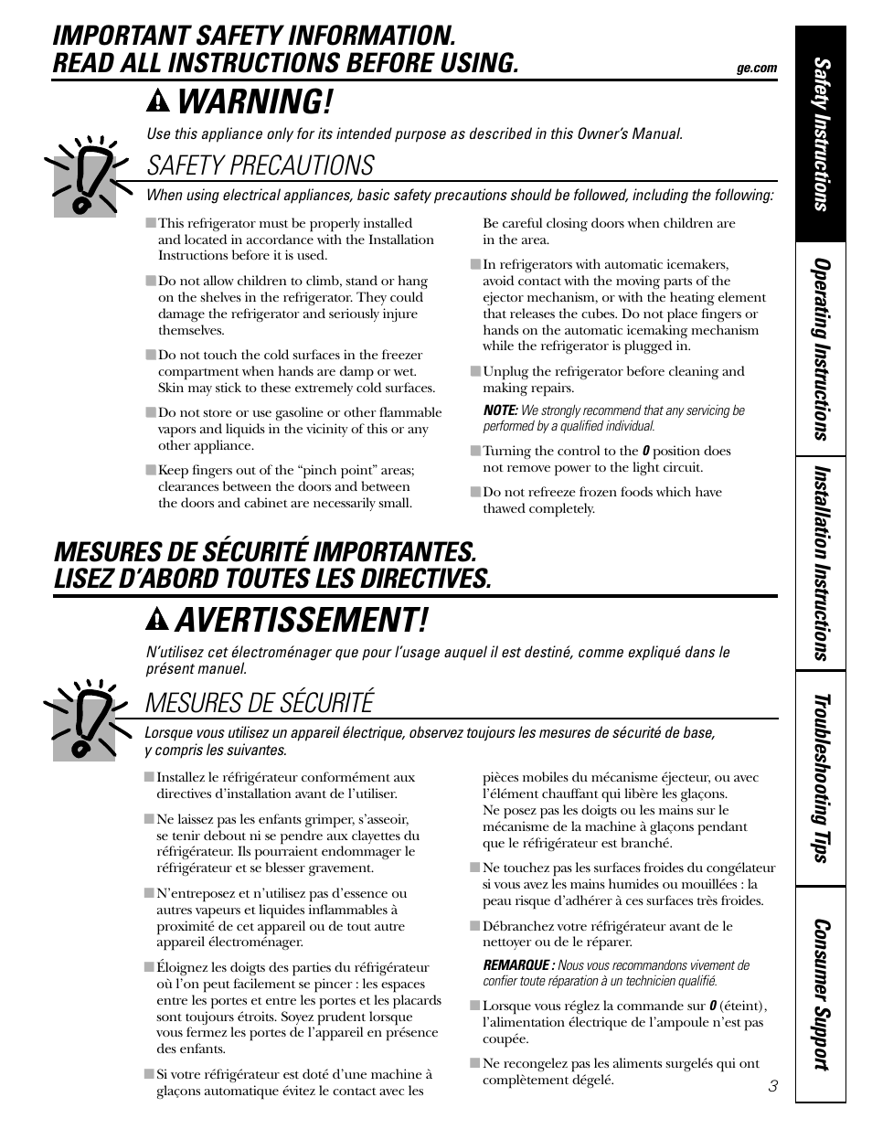 Warning, Avertissement, Safety precautions | Mesures de sécurité | GE 18 User Manual | Page 3 / 24