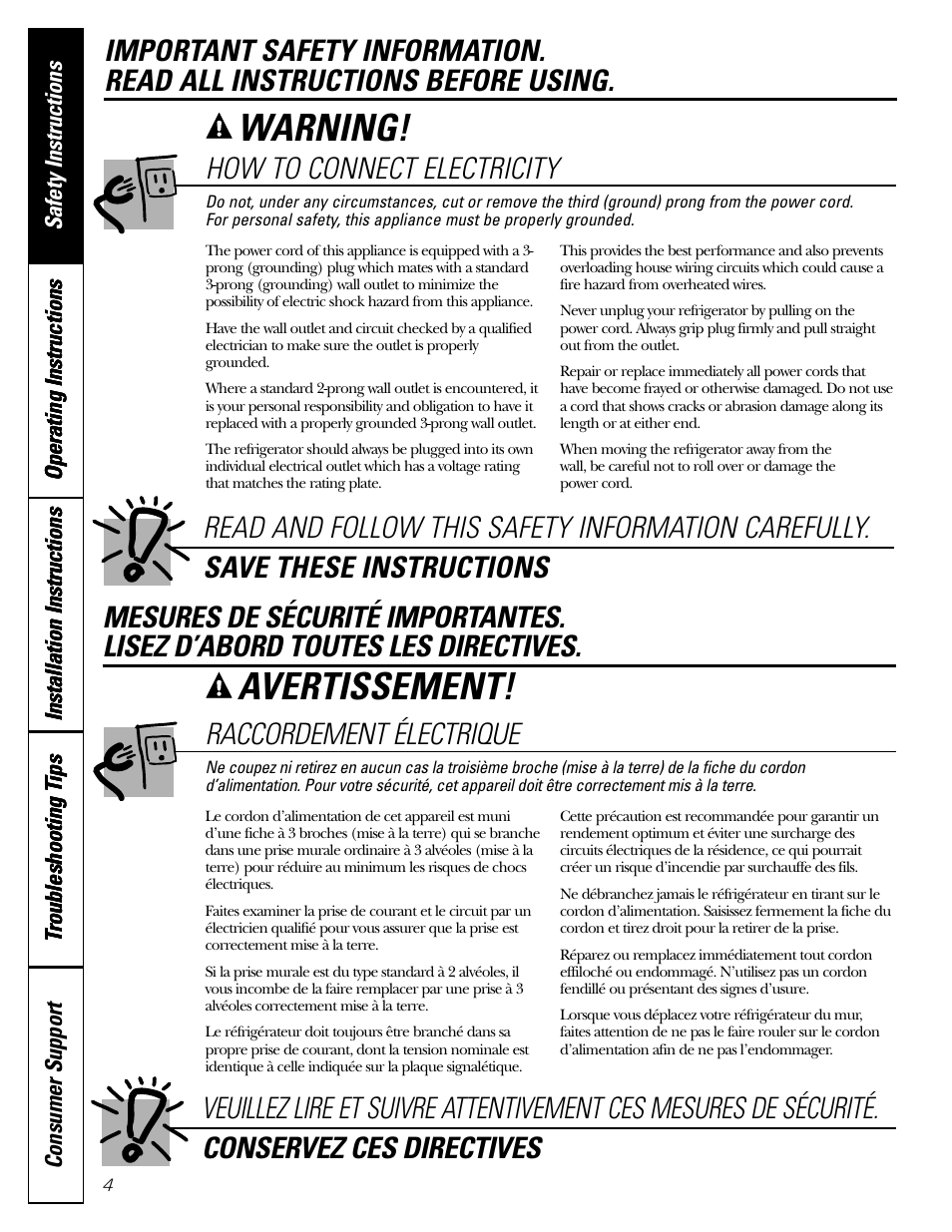 Warning, Avertissement, How to connect electricity | Raccordement électrique | GE 18 User Manual | Page 4 / 24