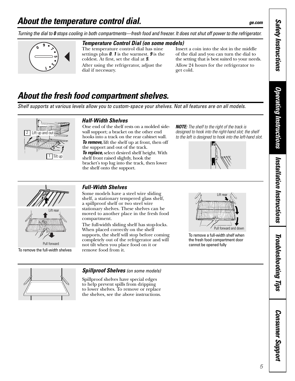 Shelves, Temperature controls, Shelves , 6 | About the temperature control dial, About the fresh food compartment shelves | GE 18 User Manual | Page 5 / 24