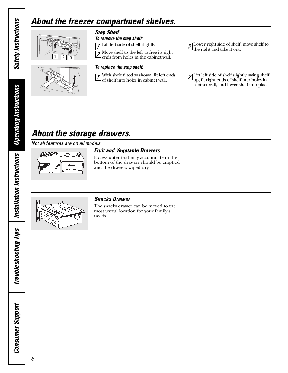 Storage drawers, About the storage drawers, About the freezer compartment shelves | GE 18 User Manual | Page 6 / 24