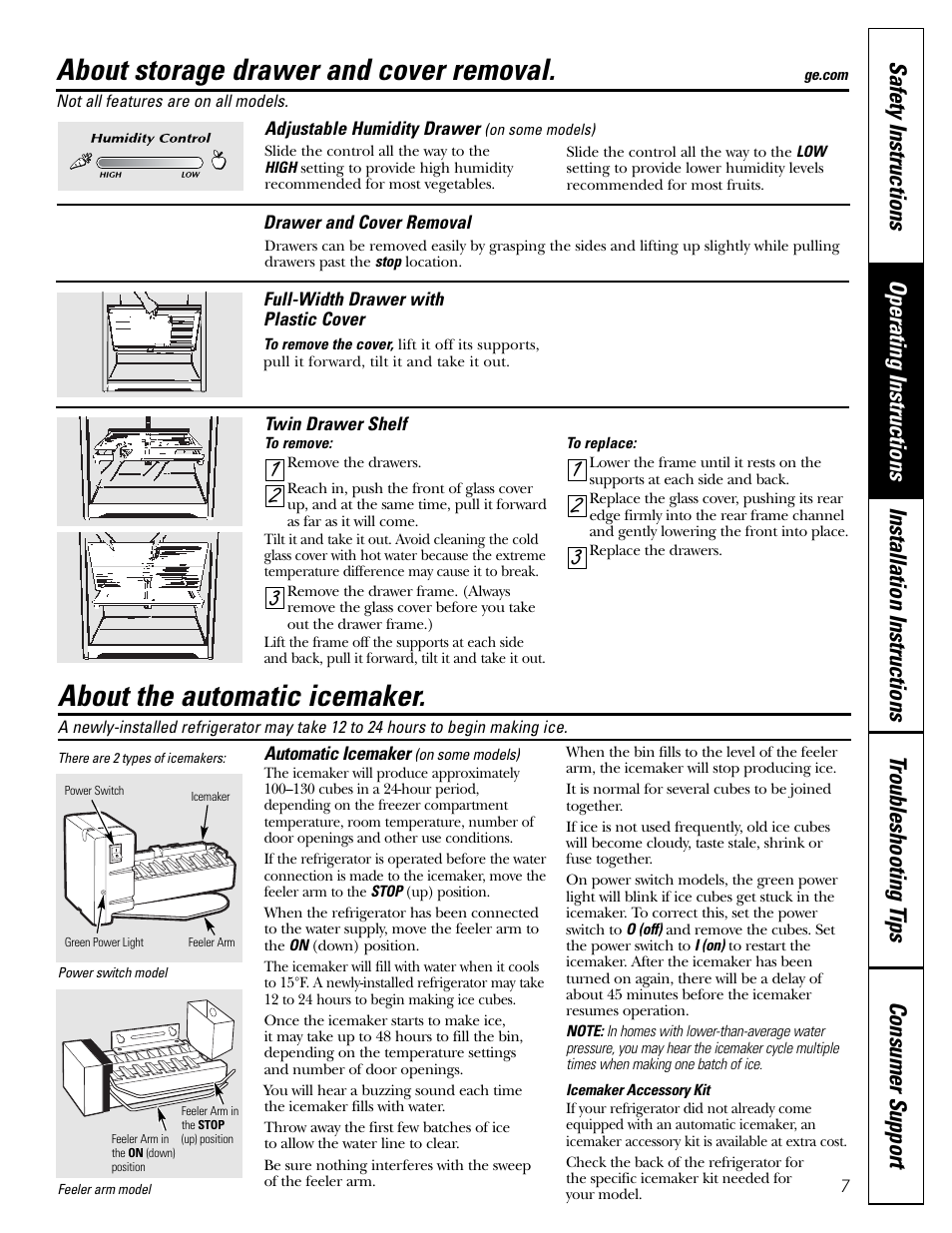 Automatic icemaker, About storage drawer and cover removal, About the automatic icemaker | GE 18 User Manual | Page 7 / 24