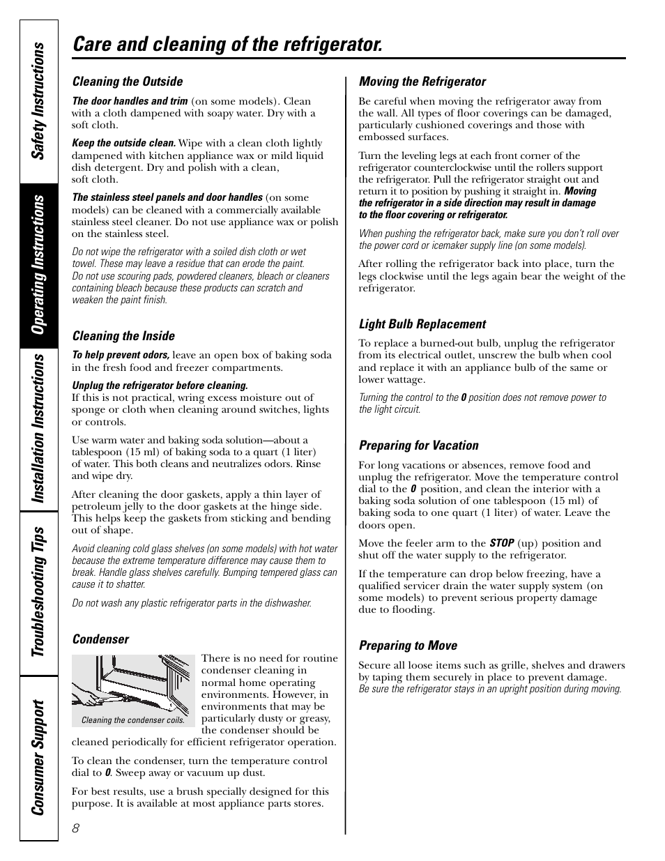 Care and cleaning, Care and cleaning of the refrigerator | GE 18 User Manual | Page 8 / 24