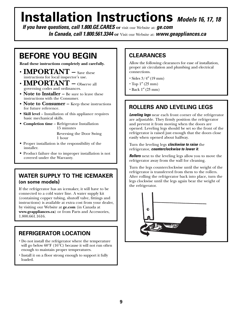 Preparing to installthe refrigerator, Preparing to install the refrigerator, Installation instructions | Before you begin, Important, If you have questions, call 1.800.ge.cares | GE 18 User Manual | Page 9 / 24