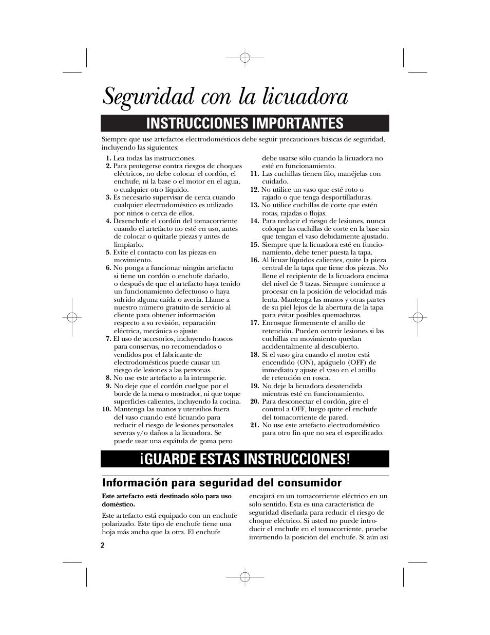 Seguridad con la licuadora, Información para seguridad del consumidor | GE 840079000 User Manual | Page 12 / 20