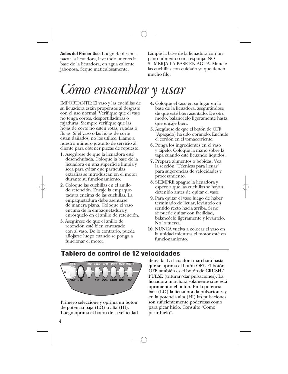 Cómo ensamblar y usar, Tablero de control de 12 velocidades | GE 840079000 User Manual | Page 14 / 20