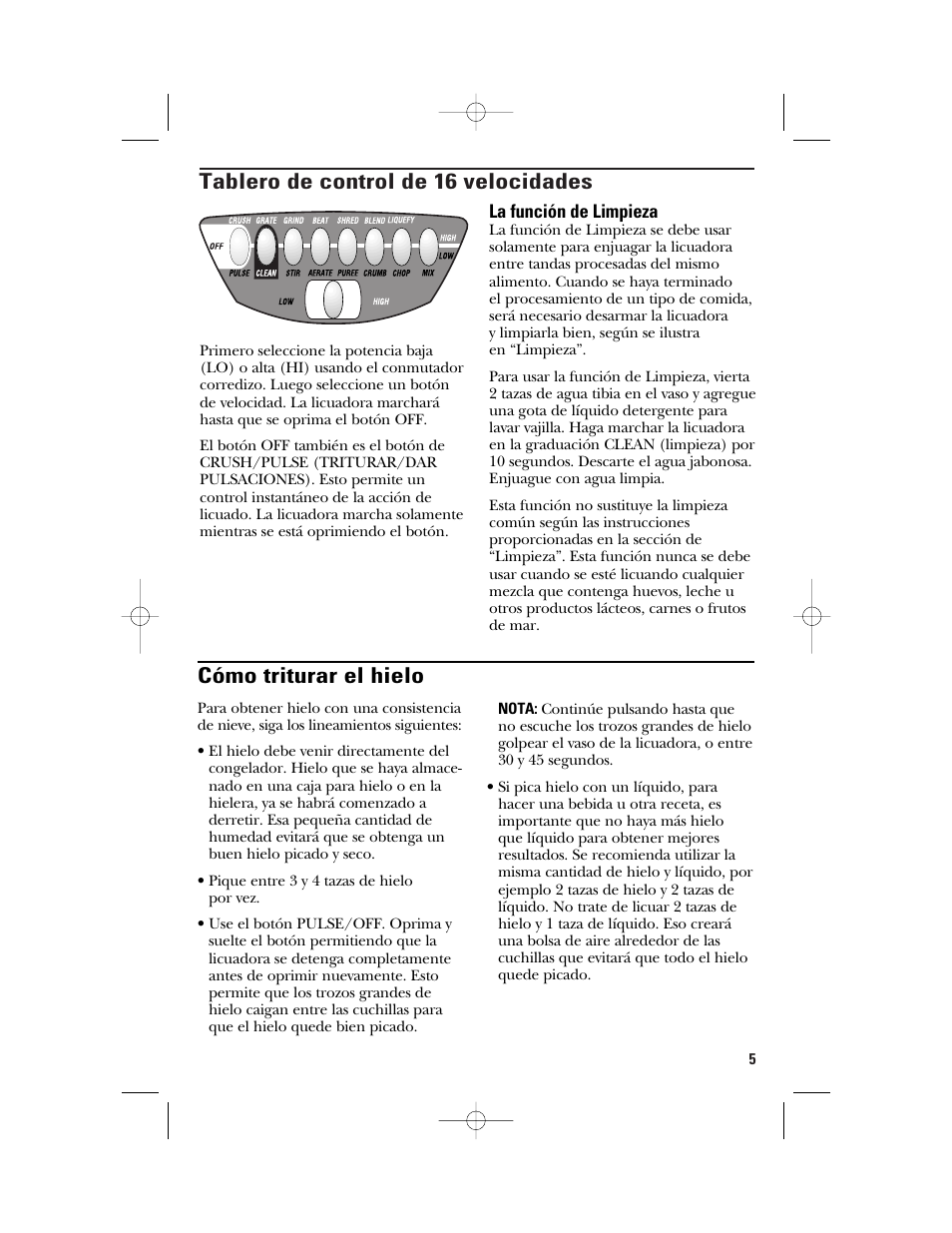 Tablero de control de 16 velocidades, Cómo triturar el hielo | GE 840079000 User Manual | Page 15 / 20