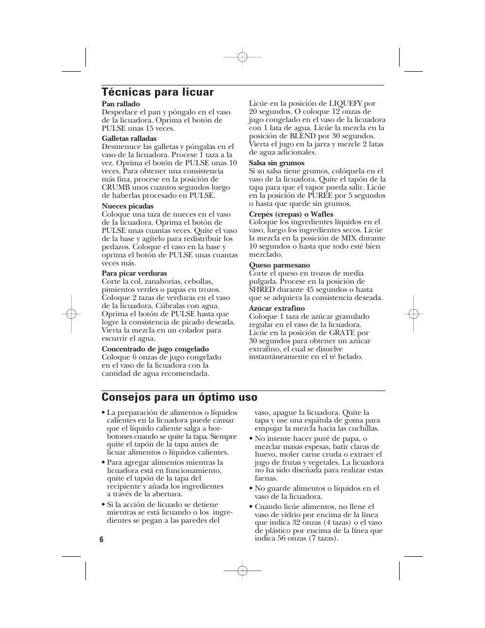 Consejos para un óptimo uso, Técnicas para licuar | GE 840079000 User Manual | Page 16 / 20