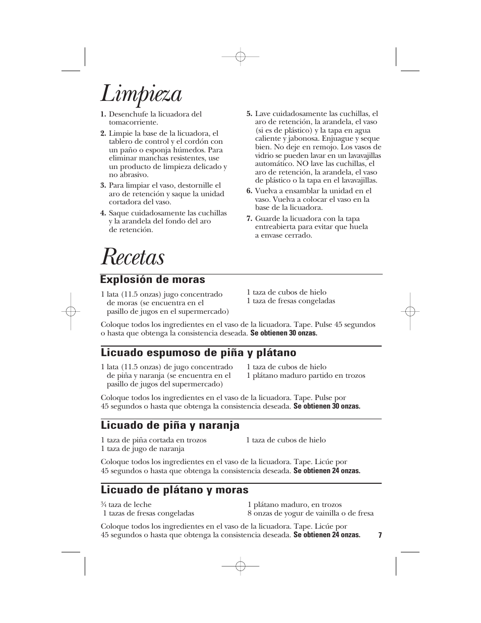 Limpieza, Recetas, Explosión de moras | Licuado espumoso de piña y plátano, Licuado de piña y naranja, Licuado de plátano y moras | GE 840079000 User Manual | Page 17 / 20