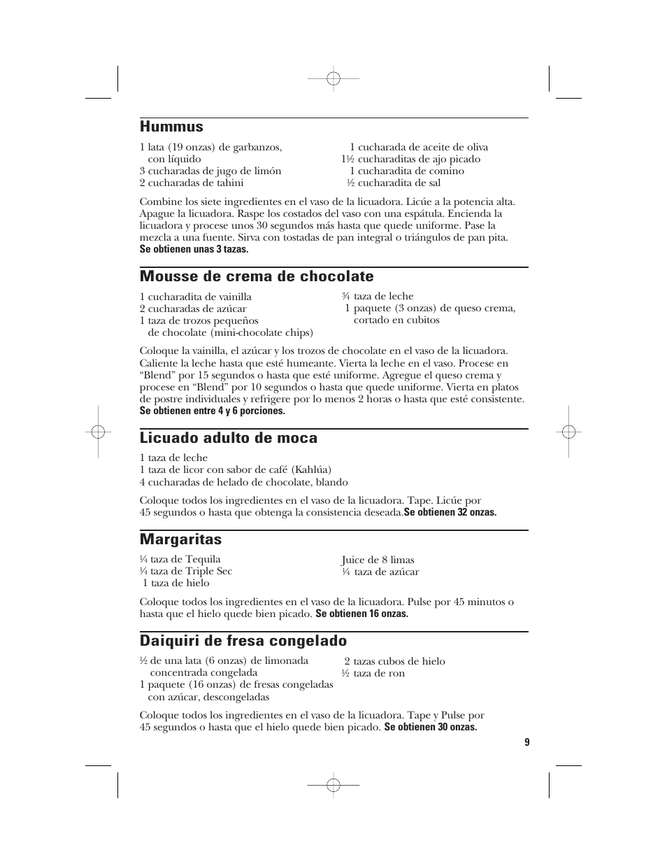Hummus, Mousse de crema de chocolate, Licuado adulto de moca | Margaritas, Daiquiri de fresa congelado | GE 840079000 User Manual | Page 19 / 20