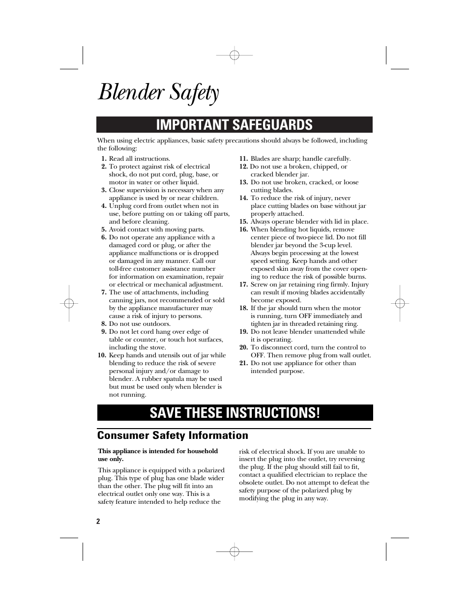 Safety information, Blender safety, Important safeguards save these instructions | Consumer safety information | GE 840079000 User Manual | Page 2 / 20