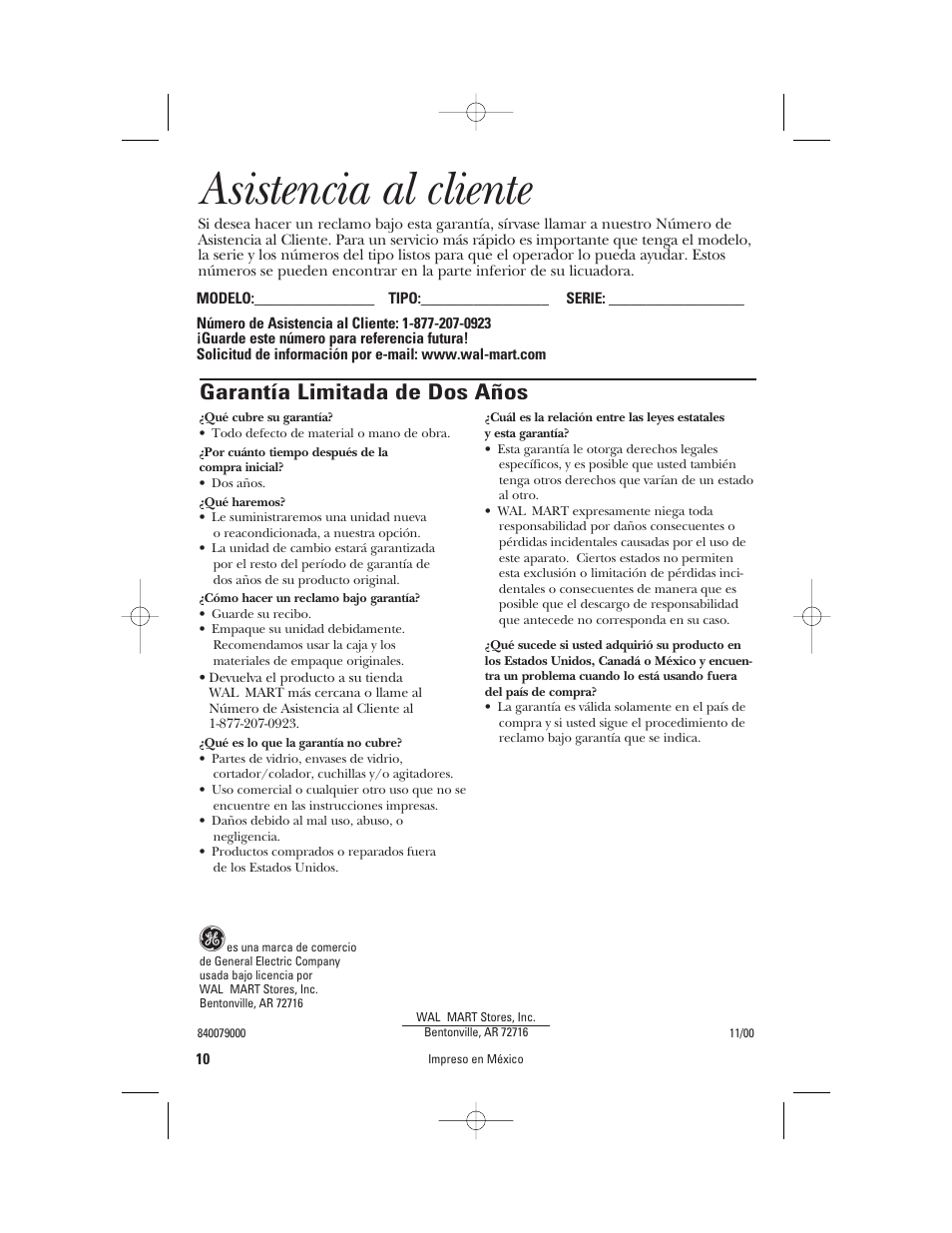 Asistencia al cliente, Garantía limitada de dos años | GE 840079000 User Manual | Page 20 / 20