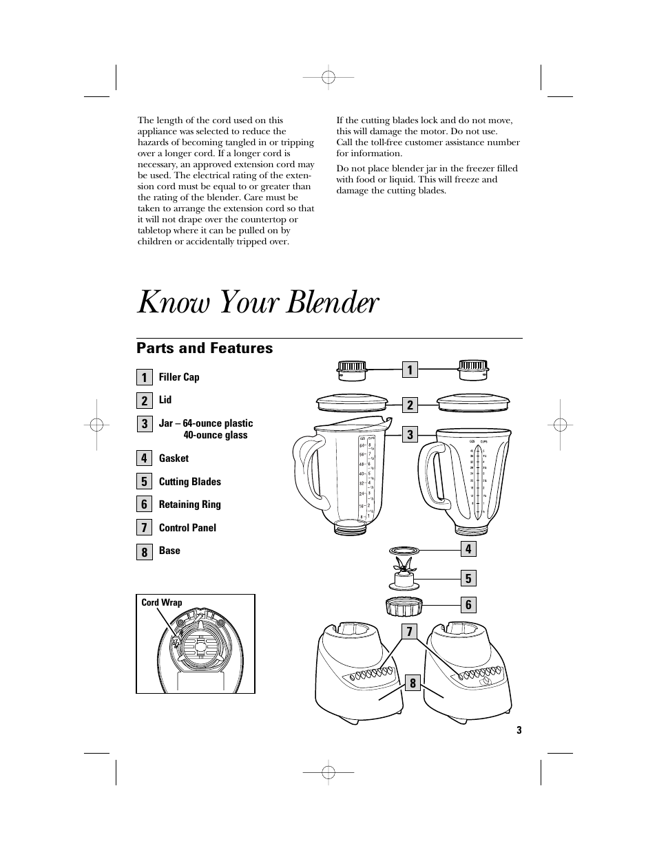 Know your blender, Parts & features, Parts and features | GE 840079000 User Manual | Page 3 / 20