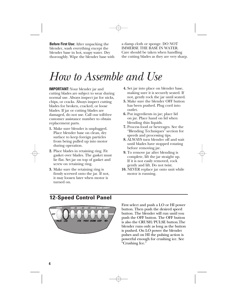 How to assemble & use, How to assemble and use, Speed control panel | GE 840079000 User Manual | Page 4 / 20