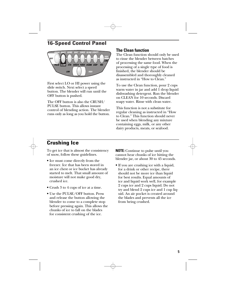 Speed control panel, Crushing ice | GE 840079000 User Manual | Page 5 / 20