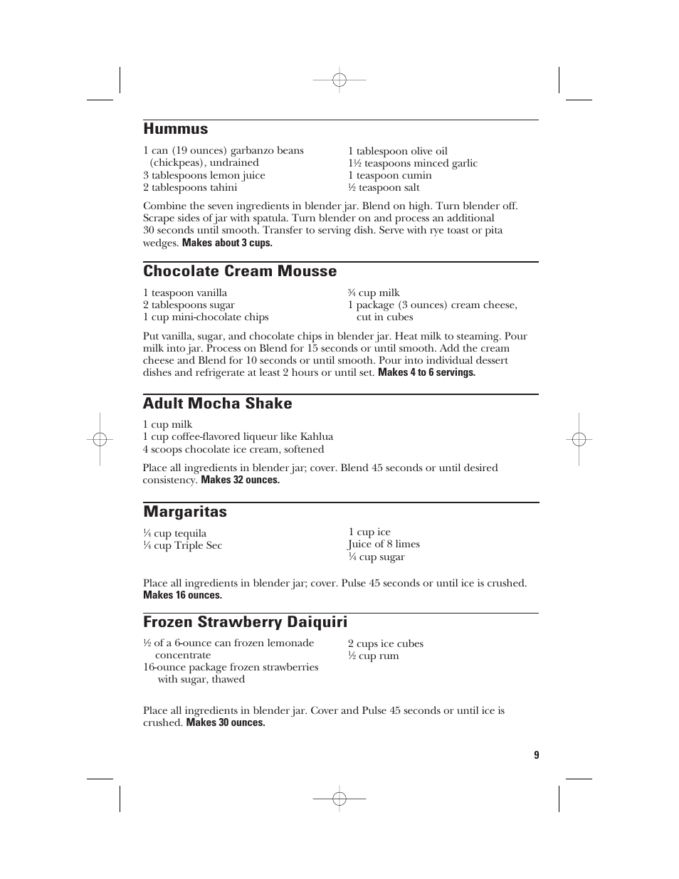 Hummus, Chocolate cream mousse, Adult mocha shake | Margaritas, Frozen strawberry daiquiri | GE 840079000 User Manual | Page 9 / 20