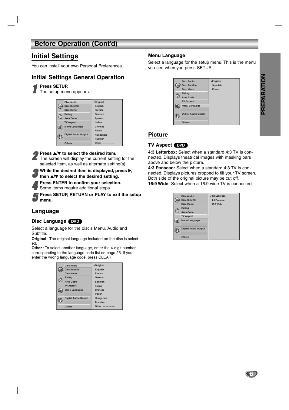 Initial settings, Before operation (cont’d) initial settings, Prep ara tion | Initial settings general operation, Language, Picture, Disc language, Menu language, Tv aspect | GE SD-2805 User Manual | Page 13 / 30