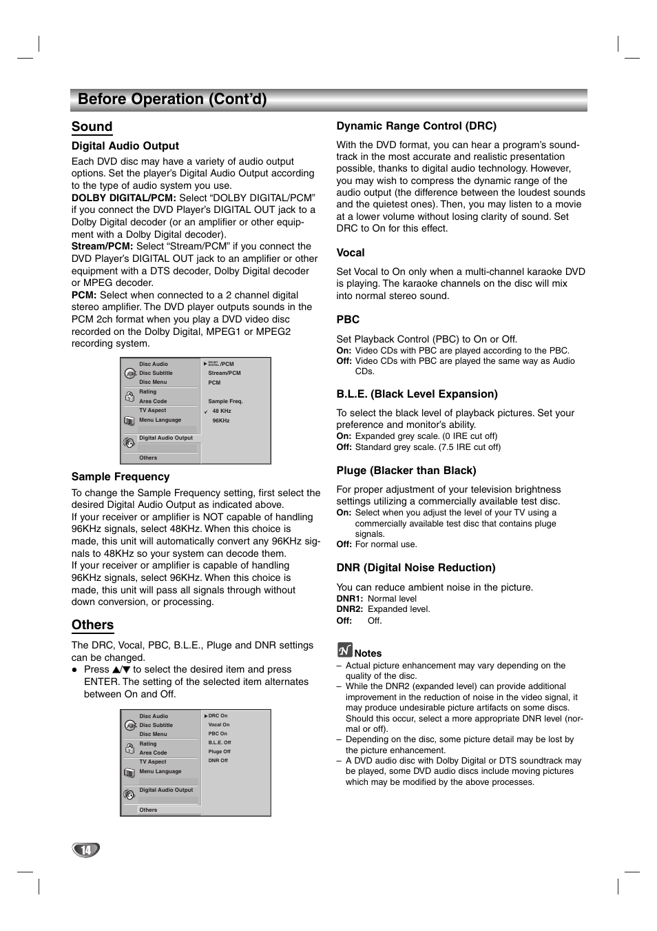 Sound, Before operation (cont’d), Others | Digital audio output, Sample frequency, Dynamic range control (drc), Vocal, B.l.e. (black level expansion), Pluge (blacker than black), Dnr (digital noise reduction) | GE SD-2805 User Manual | Page 14 / 30