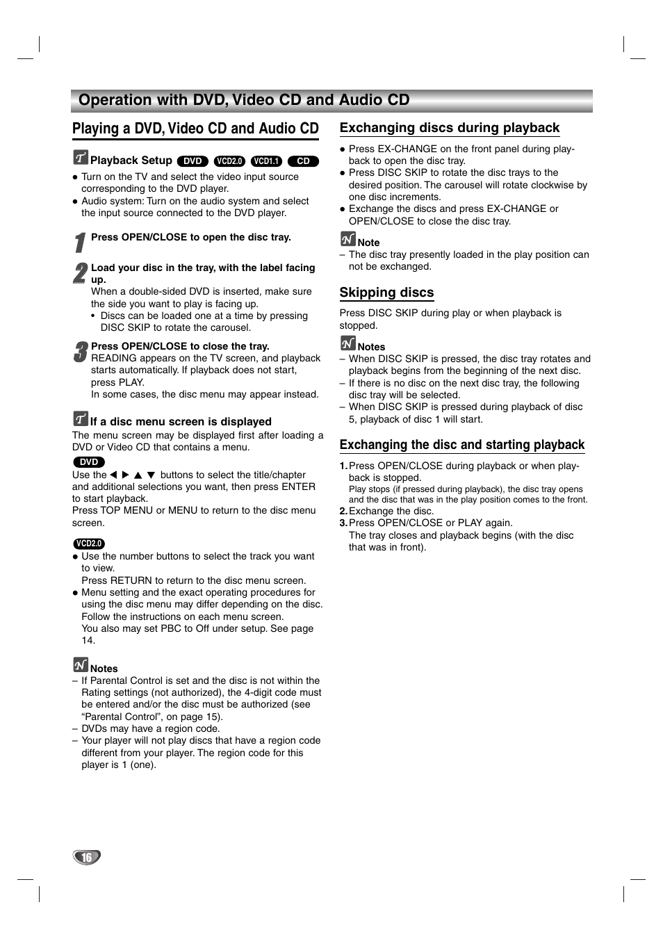 Operation, Playing a dvd, video cd and audio cd | GE SD-2805 User Manual | Page 16 / 30