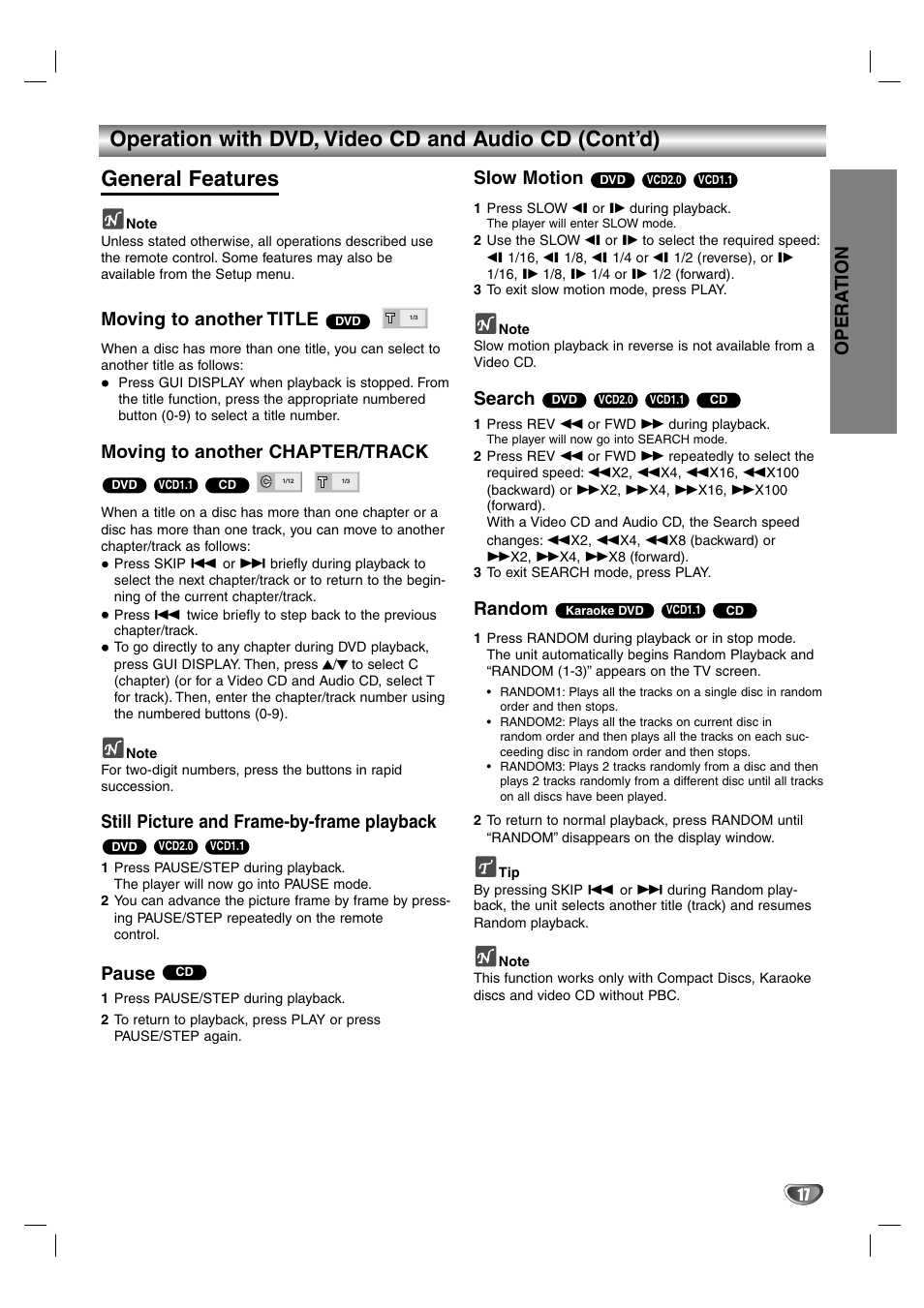 General features, Moving to another title, Moving to another chapter/track | Still picture and frame-by-frame playback, Pause, Slow motion, Search, Random, Opera tion | GE SD-2805 User Manual | Page 17 / 30