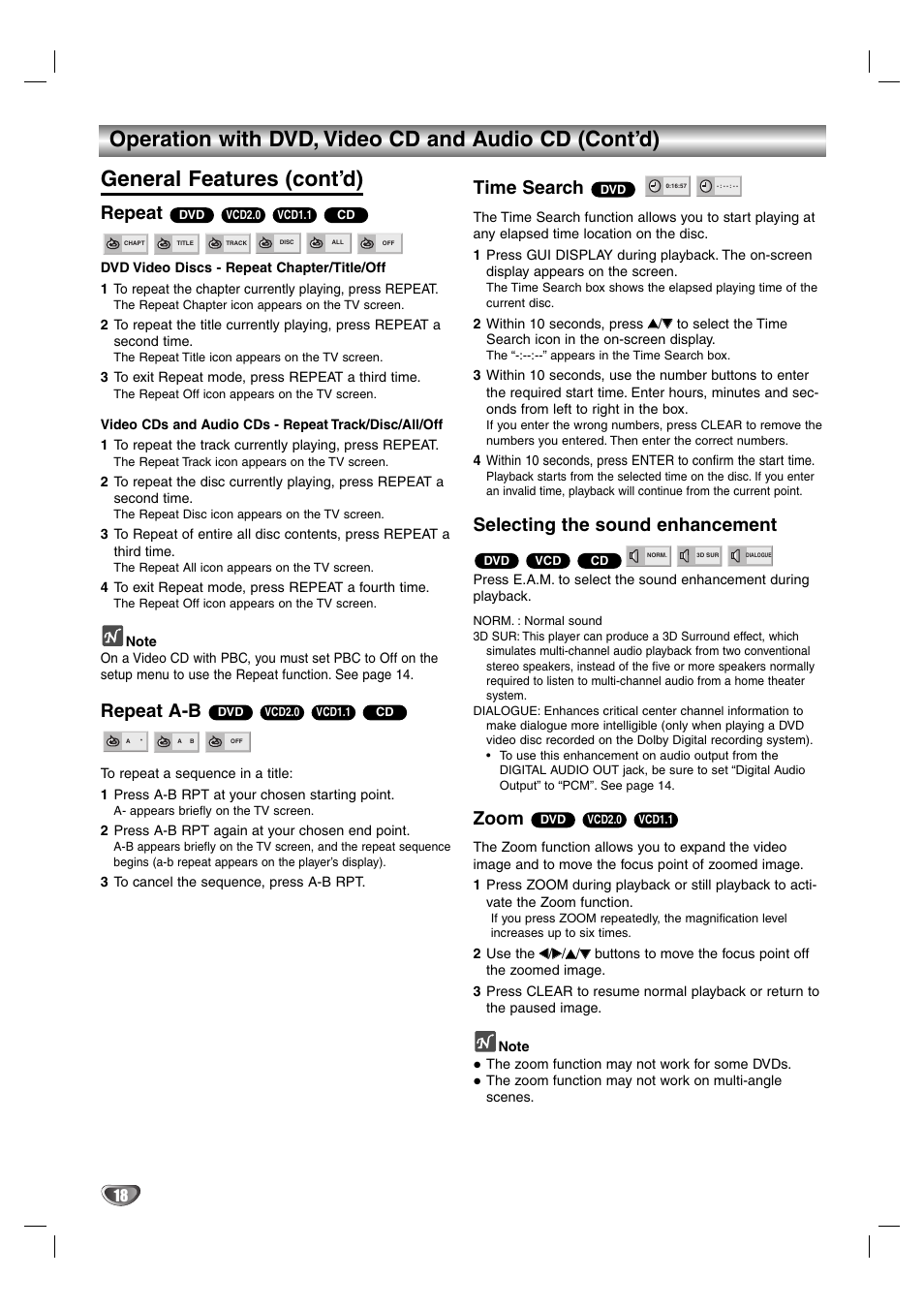 Repeat, Repeat a-b, Time search | Selecting the sound enhancement, Zoom | GE SD-2805 User Manual | Page 18 / 30