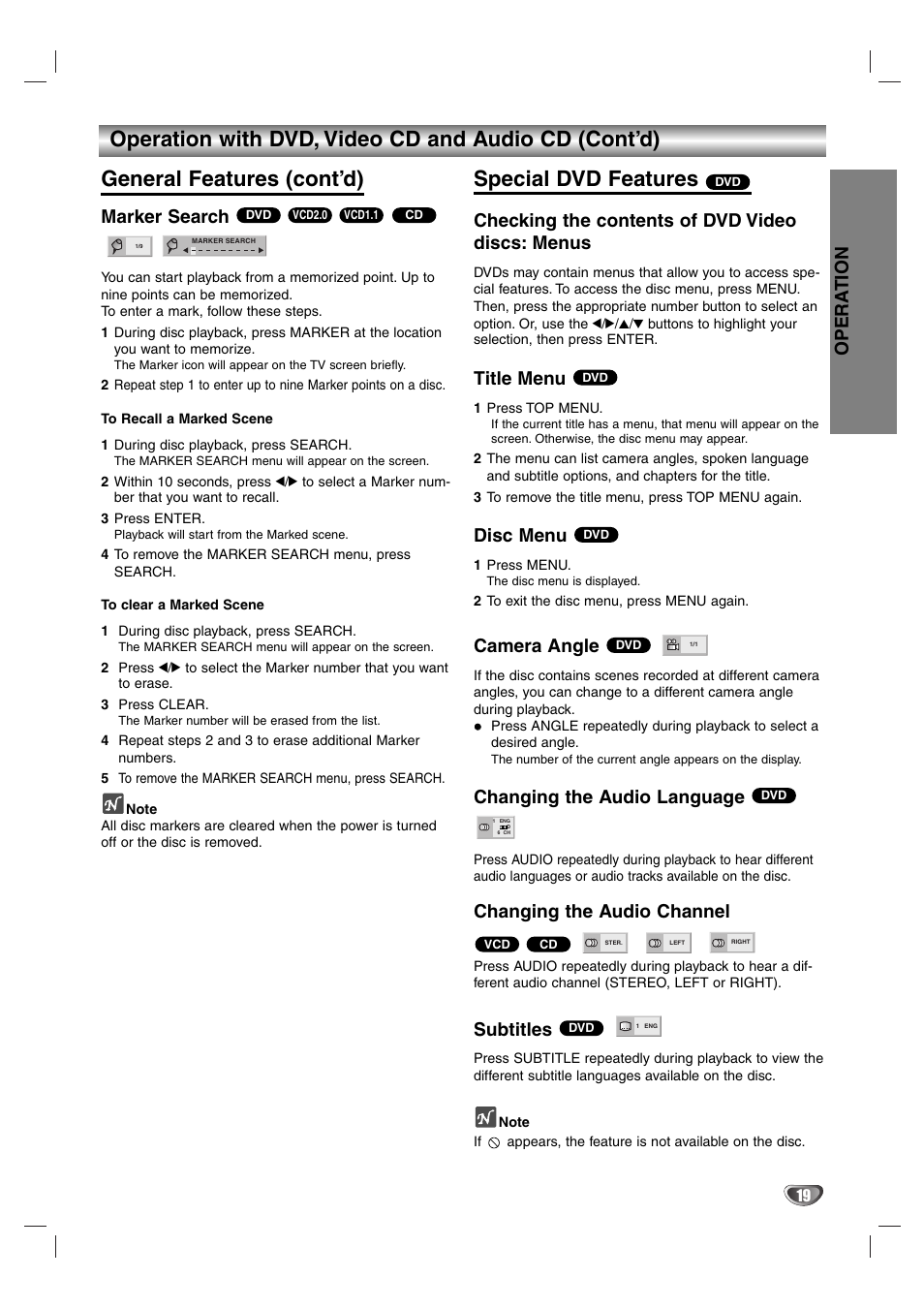 Special dvd features, Opera tion, Marker search | Checking the contents of dvd video discs: menus, Title menu, Disc menu, Camera angle, Changing the audio language, Changing the audio channel, Subtitles | GE SD-2805 User Manual | Page 19 / 30