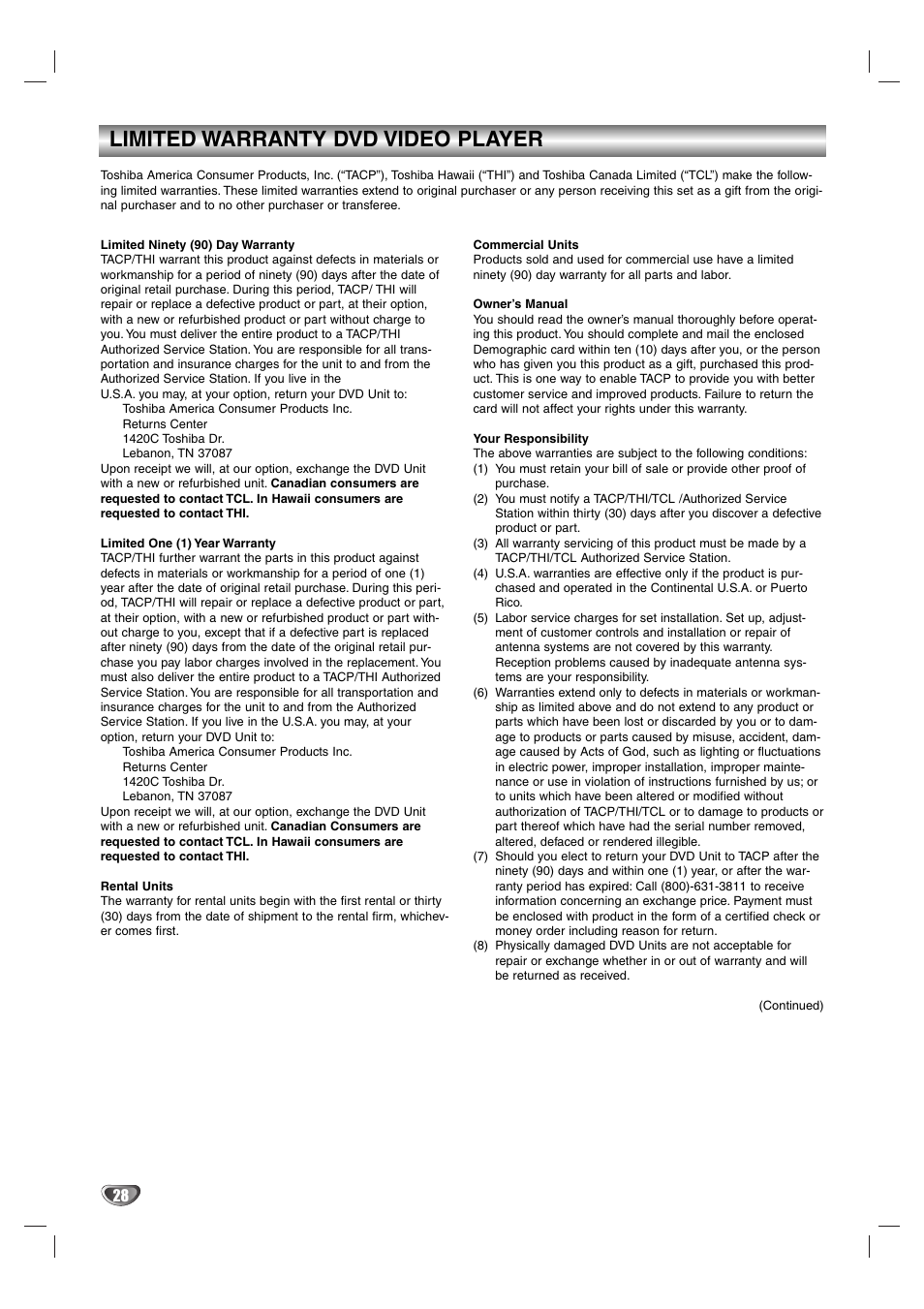 Limited warranty, Limited warranty dvd video player | GE SD-2805 User Manual | Page 28 / 30