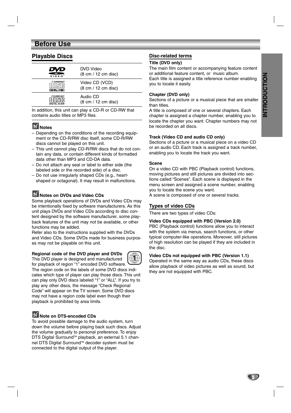 Before use, Intr oduction, Playable discs | GE SD-2805 User Manual | Page 5 / 30