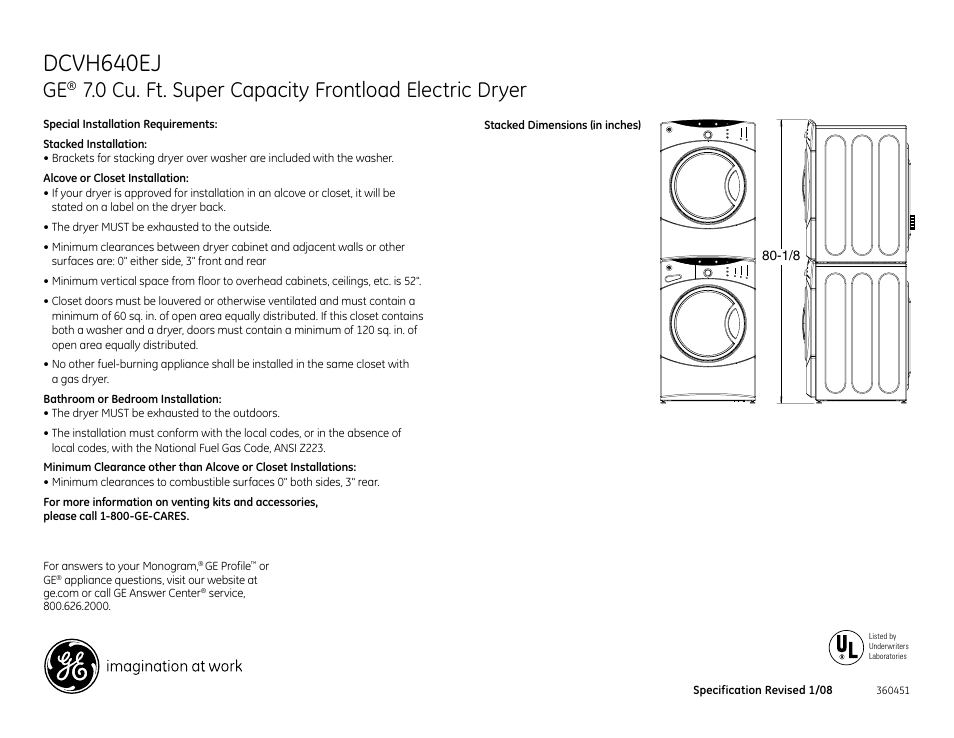 Dcvh640ej, 0 cu. ft. super capacity frontload electric dryer | GE DCVH640EJ User Manual | Page 2 / 4