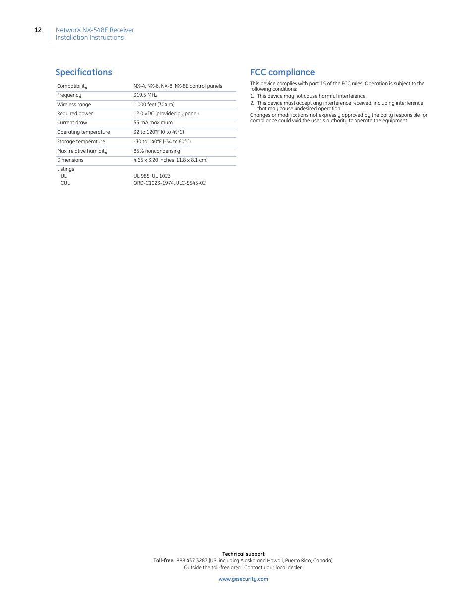 Specifications, Fcc compliance, Specifications fcc compliance | GE NETWORX NX-548E User Manual | Page 12 / 12