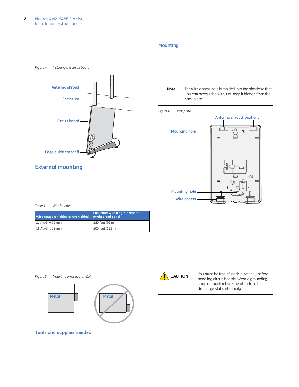 Figure 4. installing the circuit board, External mounting, Table 1. wire lengths | Figure 5. mounting on or near metal, Tools and supplies needed, Mounting, Figure 6. back plate | GE NETWORX NX-548E User Manual | Page 2 / 12
