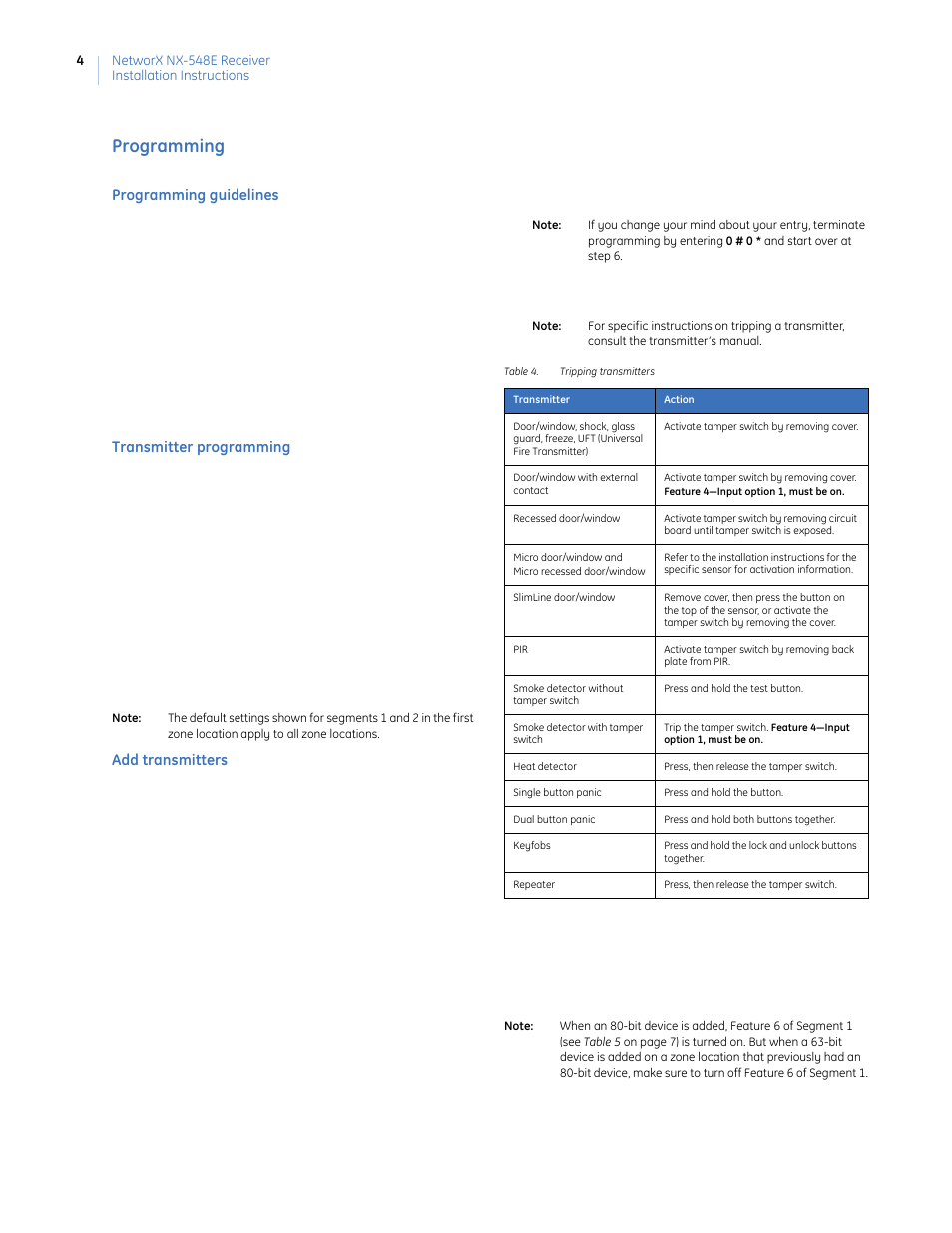Programming, Programming guidelines, Transmitter programming | Add transmitters, Table 4. tripping transmitters | GE NETWORX NX-548E User Manual | Page 4 / 12