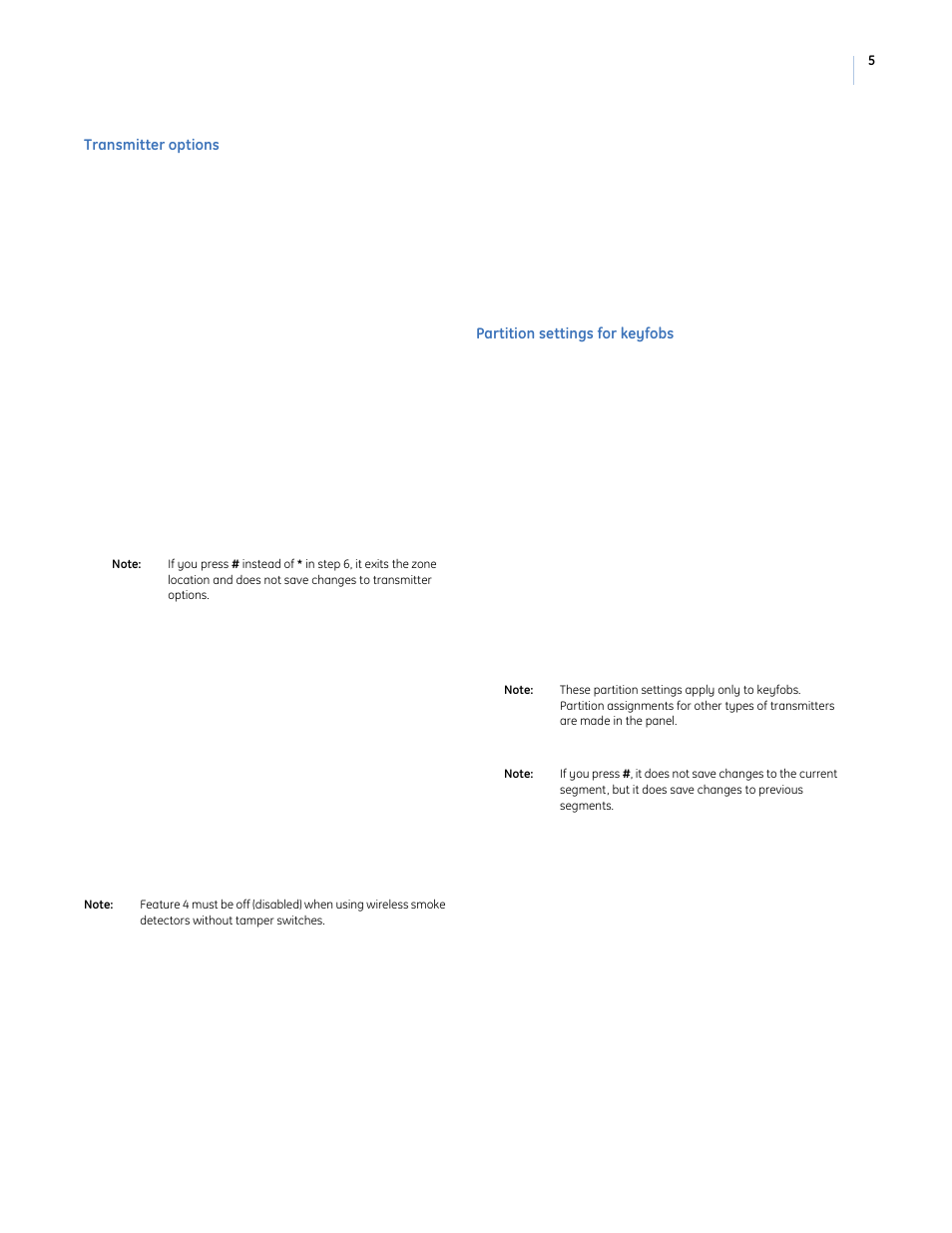Transmitter options, Partition settings for keyfobs | GE NETWORX NX-548E User Manual | Page 5 / 12