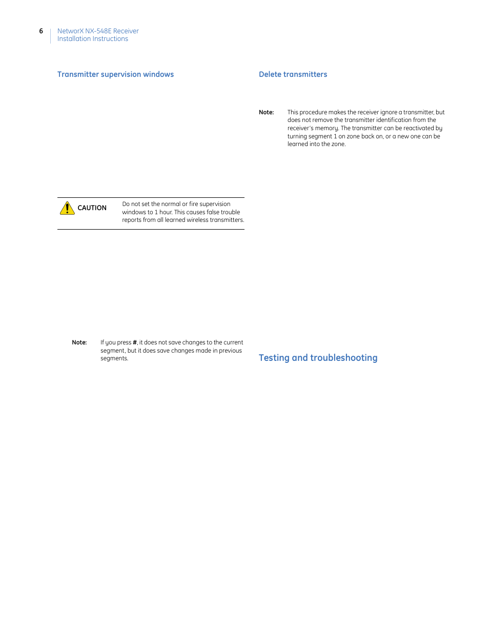 Transmitter supervision windows, Delete transmitters, Testing and troubleshooting | GE NETWORX NX-548E User Manual | Page 6 / 12
