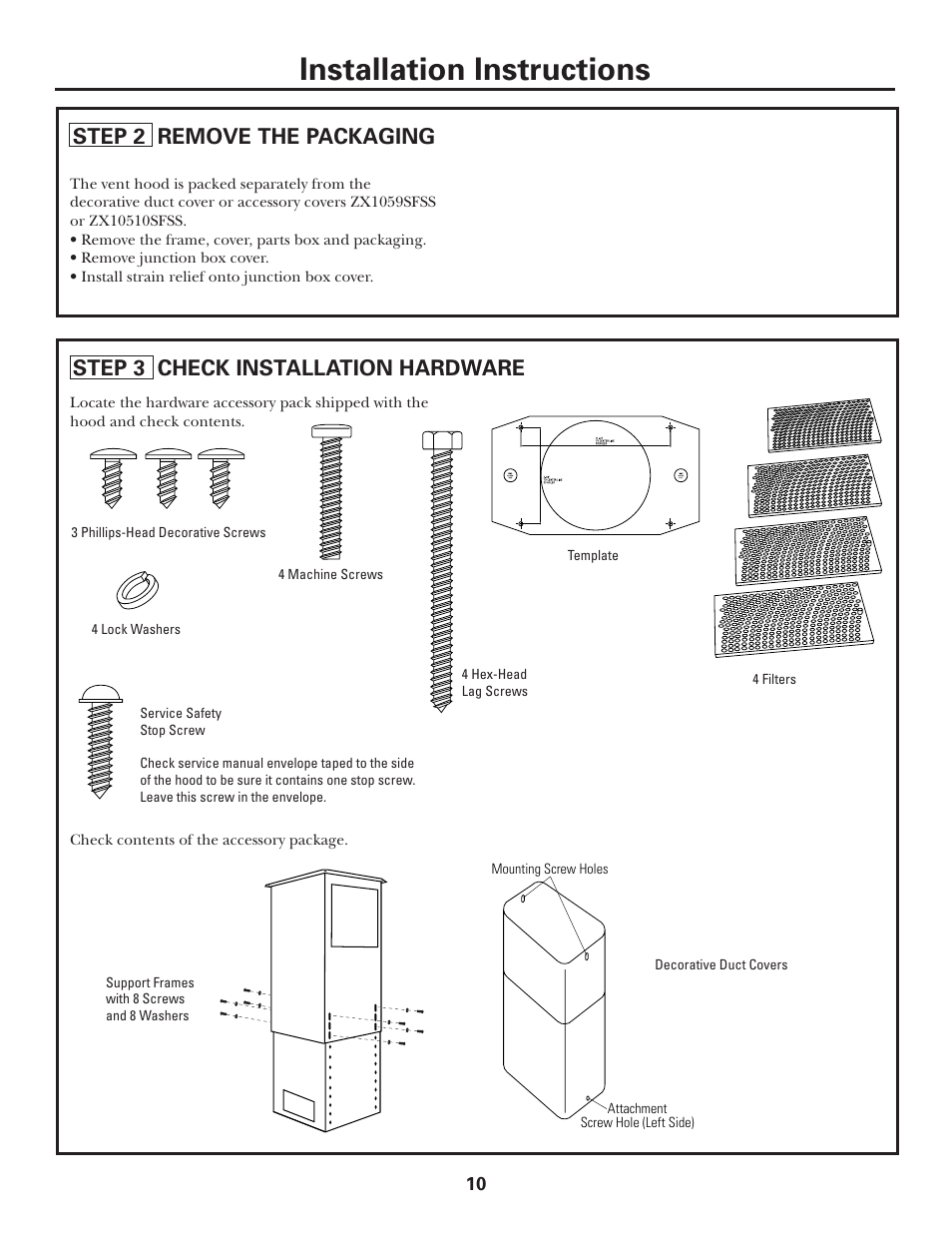 Step 2, remove packaging, Step 3, check installation hardware, Installation instructions | GE MONOGRAM ZV1050 User Manual | Page 10 / 16