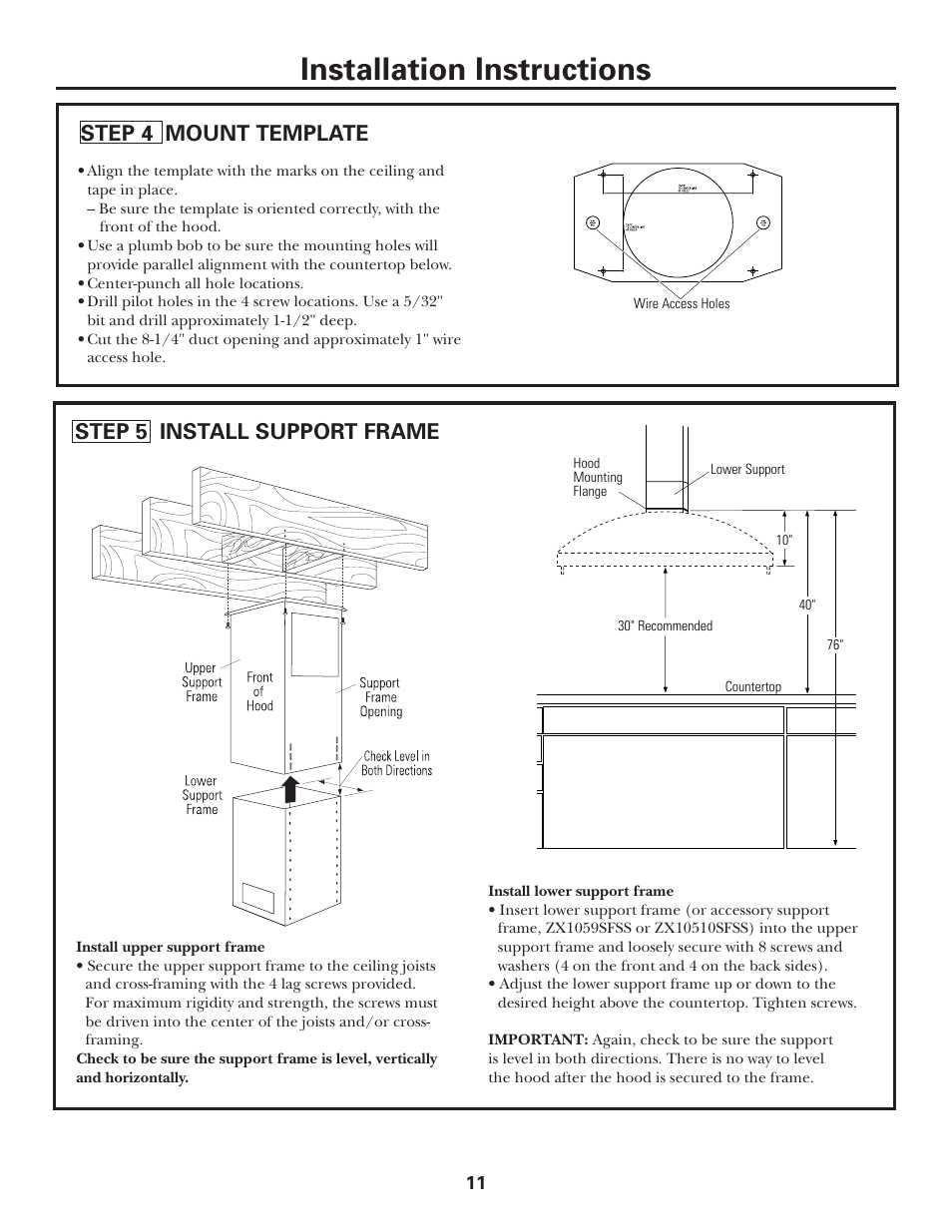 Step 4, mount template, Step 5, install support frame, Installation instructions | Step 4 mount template, Step 5 install support frame | GE MONOGRAM ZV1050 User Manual | Page 11 / 16