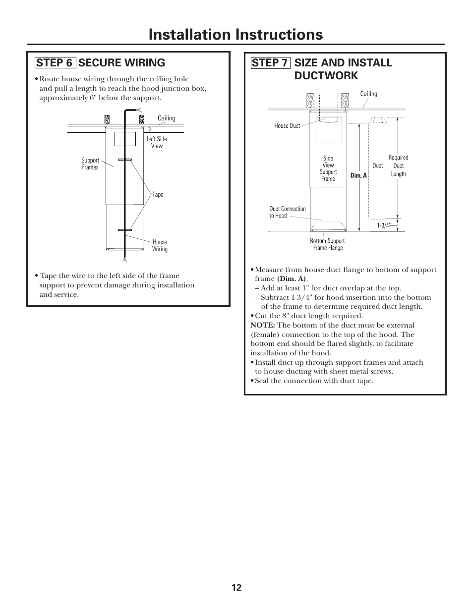 Step 6, secure wiring, Step 7, size and install ductwork, Installation instructions | Step 6 secure wiring, Step 7 size and install ductwork | GE MONOGRAM ZV1050 User Manual | Page 12 / 16