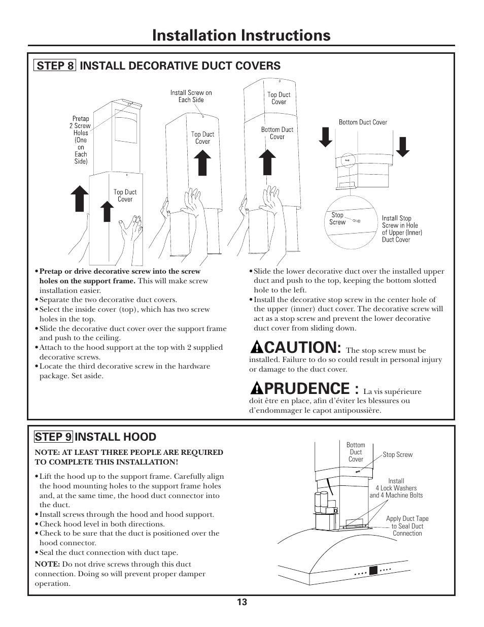Step 8, install decorative duct covers, Step 9, install hood, Installation instructions | Caution, Prudence, Step 8 install decorative duct covers, Step 9 install hood | GE MONOGRAM ZV1050 User Manual | Page 13 / 16