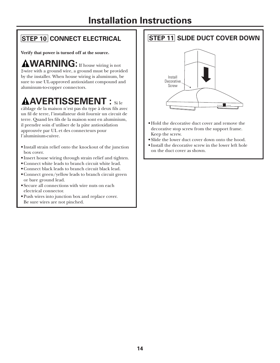 Step 10, connect electrical, Step 11, slide duct cover down, Installation instructions | Warning, Avertissement | GE MONOGRAM ZV1050 User Manual | Page 14 / 16