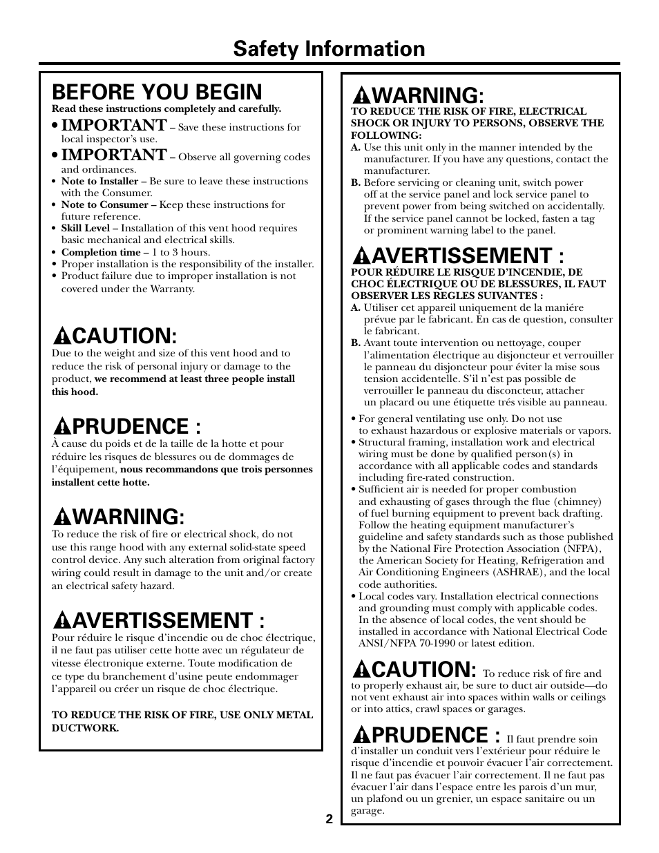 Safety information, Safety information warning, Avertissement | Caution, Prudence, Before you begin, Warning, Important | GE MONOGRAM ZV1050 User Manual | Page 2 / 16